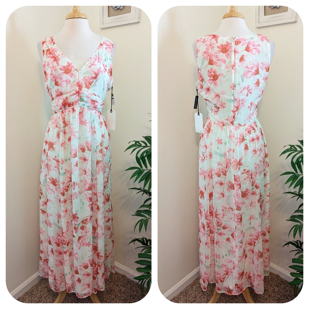 Leith Floral Spring Formal Maxi Dress White Pink Green Medium